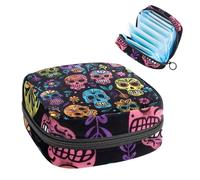 1 borsa portaoggetti per assorbenti igienici, grande, riutilizzabile, per il primo periodo, per ragazze e donne, 17 x 17 x 12 cm, motivo con teschi del giorno dei morti, multicolore, 4.7x6.6x6.6