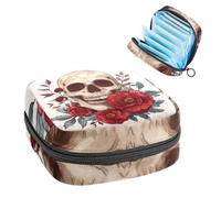 1 borsa portaoggetti per assorbenti igienici, grande, riutilizzabile, per il primo periodo, per ragazze e donne, 17 x 17 x 12 cm, teschio e fiori del giorno dei morti