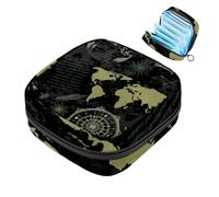 1 borsa portaoggetti per assorbenti igienici, grande, riutilizzabile, per ragazze e donne, 17 x 17 x 12 cm, con mappa nautica pirata e bussola telescopio vintage nero