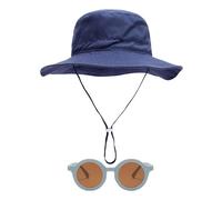 1 Cappello Da Bambino Blu Scuro E 1 Occhiali Da Sole, Cappello Da Pescatore Traspirante, Occhiali Per Bambini Carini, Forniture Per Protezione Solare All'Aperto.