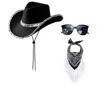 1 Cappello Da Cowboy Nero, 1 Fazzoletto Da Taschino Con Frange E 1 Occhiali Da Sole, Accessori Cosplay, Accessori Moda Retrò, Accessori Da Donna