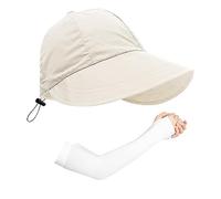 1 cappello da sole beige da donna con 1 paio di maniche parasole a mano, cappello da spiaggia con tesa larga, può essere utilizzato per campeggio, viaggi, pesca, shopping, beige., 58