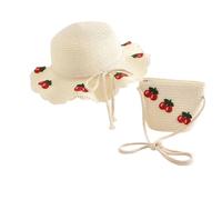1 Cappello di Paglia per Bambini con 1 Borsa di Paglia, 1 Occhiali da Sole, Morbido Cappello di Paglia, Cappello con Decorazioni in Ciliegia, Set di Protezione Solare per Bambini