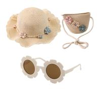 1 Cappello di Paglia per Bambini con 1 Borsa di Paglia, 1 Paio di Occhiali da Sole, Cappello di Paglia, Cappello Decorativo Floreale, Set di Protezione Solare per Bambini