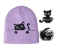 1 Cappello Lavorato A Maglia, 2 Spille per Gatti, Cappello Ricamato per Gatti, Cappello Caldo Simpatico Cartone Animato, Cappello alla Moda