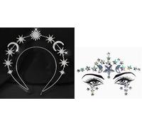 1 Cerchietto In Argento A Doppio Strato Di Sole, Stella E Luna, 1 Adesivo Per Il Viso A Stella E 1 Catena Di Strass E Luna, Abito Da Festa, Adatto Per Abiti A Tema.