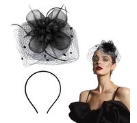 1 cerchietto per capelli a rete, da sposa, con clip, con piume, colore nero