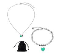 1 collana dell'amore, con bracciale e borsa portaoggetti, alla moda e semplici accessori, doppia collana a forma di cuore, collana smaltata, ciondolo regolabile, borsa da festa, 50 cm, Zinco