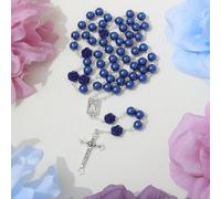 1 collana fatta a mano con perla blu, rosa, perline, con ciondolo a croce e Vergine Maria e Gesù Lega di zinco
