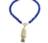 1 collana girocollo marmorizzata blu reale con perline rotonde con ciondolo a forma di pesce dorato inciso, minimalista, bohémien, estiva, gioiello da donna