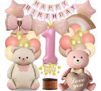 1. Compleanno Ragazza Orso Decorazione Festa, Palloncino Compleanno 1 Anno Rosa Oro Decorazione Compleanno Bambini Amore Arcobaleno Arco, Happy Birthday Banner e Decorazione per Torta (Decorazione