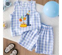 1° Completo senza maniche per il primo compleanno di un bambino maschio, gilet a quadri blu e bianco con ricamo "1" blu navy, torta di compleanno e palloncini, spalla con bottoni; pantaloncini a quadr