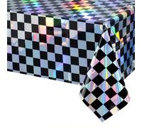 1 confezione di tovaglietta da tavolo rettangolare in plastica a scacchi nera e iridescente, tovaglia usa e getta lucida con effetto olografico, decorazioni per feste iridescenti adatte per picnic, ca