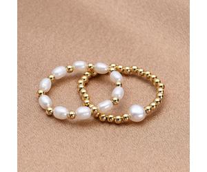 1 Coppia di Anelli da Donna con Perle d'Acqua Dolce Placcate in Oro 18K e Corda Elastica Tagli UnicaPerla coltivata