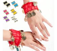 1 Coppia di Braccialetti da Danza del Ventre in Metallo con Monete, Braccialetti da Polso e Caviglia da Danza del Ventre, Accessori da Danza del Ventre in Chiffon con Monete Bianco,giallo,nero,rosa ro