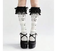 1 Coppia di Calze Lunghe Fino al Ginocchio Stile Lolita Kawaii con Volant e Note Musicali, Adatte per Primavera/Estate, Stile Y2K Tagli UnicaA strisceTessuto