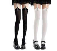 1 Coppia Di Calze Velate Sopra Il Ginocchio Con Giarrettiera A Croce 3D, Colore Solido Nero E Bianco In Velluto, Stile Gotico Lolita, Calze Alte Con Design Sexy A Sospensione E Dettagli In Strass, Ada