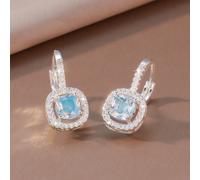 1 Coppia di eleganti orecchini da donna scintillanti, con una pietra quadrata di colore blu acqua al centro, circondata da diamanti bianchi, traslucidi e radiosi, come catturare la brezza estiva, adat