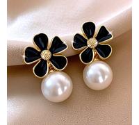 1 Coppia di Orecchini a Perno Stile Francese Vintage Nero con Fiore a Goccia e Perla, Adatti per l'Uso Quotidiano delle Ragazze Adolescenti Tagli UnicaLega di zinco