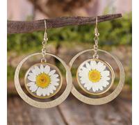 1 Coppia di orecchini pendenti rotondi con fiori secchi bohémien, orecchini con fiori pressati di girasole e margherita, accessori bianchi, gialli e dorati, gioielli eleganti vintage adatti per matrim