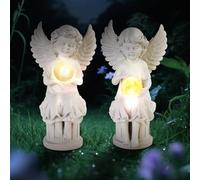 1 coppia di statua della statuetta dell'angelo del giardino con luci solari, statua dell'angelo del cherubino in resina solare con pilastro Roma per l'arredamento del portico, patio, cortile (Stile 2)