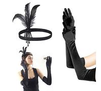 1 copricapo nero con piuma di perla, con 1 paio di guanti neri lunghi, performance sul palcoscenico, per cosplay, per costume da donna
