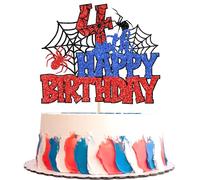 1 decorazione per torta a tema ragno 4th Happy Birthday Cake Topper glitter terribile ragnatela decorazione torta per ragno tema bambini quarto compleanno festa torta decorazione torta blu rosso
