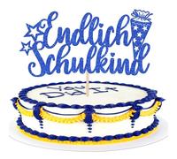 1 decorazione per torta glitterata Endlich Schulkind a forma di stella con sacchetto di zucchero, decorazione per torte per bambini e bambine, colore blu