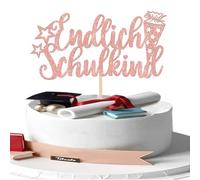 1 decorazione per torta glitterata Endlich Schulkind a forma di stella con sacchetto di zucchero, decorazione per torta Hurra, per bambini e bambine, decorazione per torte a tema, oro rosa