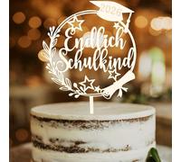 1 decorazione per torta in legno con scritta "Endlich Schulkind Hurra", decorazione per torte a forma di stella piccola per ragazzi e ragazze, a tema scuola
