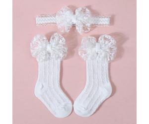 1 Fascia per capelli con fiocco di pizzo e colore unito stile principessa per neonati + 1 Paio di calzini alla caviglia con fiocco in rete traspirante per neonati, accessori per bambini Tagli UnicaCol