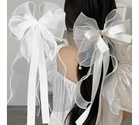 1 fermaglio per capelli con fiocco, grande fiocco per capelli per donne e ragazze, con fiocco in raso bianco