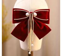 1 fermaglio per capelli con fiocco grande, stile vintage, con strass e perline, accessorio decorativo per capelli per sposa, donne e donne, rosso vinaccia, E, 16 x 19 cm