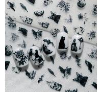 1 Foglio di adesivi per arte di unghie a tema magia oscura, include gatto nero, teschio, bottiglia di pozione, pipistrello, corvo, piuma, rosa, elementi lunari, atmosfera misteriosa e stregonesca, ada