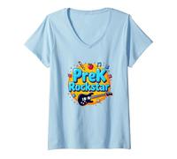 1 ° Giorno di Scuola Materna PreK Rockstar Fun School Start Maglietta con Collo a V, Donna, Celeste, XL