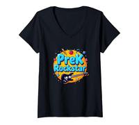 1 ° Giorno di Scuola Materna PreK Rockstar Fun School Start Maglietta con Collo a V, Donna, Nero, L
