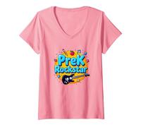 1 ° Giorno di Scuola Materna PreK Rockstar Fun School Start Maglietta con Collo a V, Donna, Rosa, XL