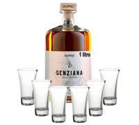1 Litro Genziana delle Pecore in infusione di vino liquore artigianale Scuppoz Abruzzo 23% vol con 6 bicchierini in vetro