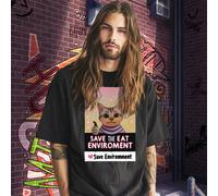 1 maglietta grafica creativa con stampa di gatto e cuore + SALVA L'AMBIENTE ALIMENTARE Design creativo unico, stile artistico, unisex, per tutte le stagioni, regalo perfetto per i propri cari, amici e