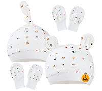 1 one enjoy 2 Paia Cappellini Beanie e Manopole per Neonato,2 Paia AntiGraffio Guanti per Neonati e 2 Pezzi Berretto bebé 0-6 Mesi,100% Cotone