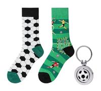 1 Paio Calzini Calcio Asimmetrici AB e Portachiavi a Pallone, Set per Taglia Unica, Cotone Appassionati - Calze a Fantasia Campo da Gioco e Colori Sportivi(Verde)