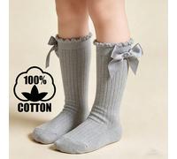 1 Paio di Calze Lunghe al Ginocchio in Cotone con Fiocco, Colore Unito, Stile Scolastico per Bambine/Bambine in Età Prescolare 2-6Y,6-10Y,10-14YColore unicoTessuto