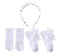 1 paio di calzini, 1 paio di guanti, 1 fascia bianco perla, guanti bianchi, guanti da comunione per ragazze, calzini da comunione, guanti di pizzo bianco, decorazioni per l'etichetta della festa