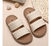1 Paio di ciabatte estive per bambine, morbide e confortevoli, con suola piatta semplice beige, adatte per uso interno ed esterno, cinturino intrecciato con decorazione a pallina di pelliccia, ciabatt