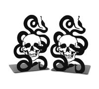 1 paio di fermalibri in metallo nero a forma di teschio, fermalibri in ferro per mensole, moderno scheletro a serpente scavato, pesante, decorativo, organizer da scrivania per biblioteca, casa, scuola