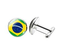 1 paio di gemelli a forma di bandiera brasiliana, da uomo, per compleanno, anniversario, matrimonio, regalo aziendale, con scatola portagioie, Misura unica, Vetro, Nessuna pietra preziosa