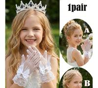 1 Paio di guanti bianchi elastici in rete con fiocco per bambini, adatti per bambini di età compresa tra 4 e 12 anni, utilizzabili per concorsi di bellezza, esibizioni di balletto, feste di compleanno