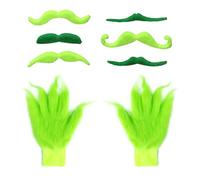 1 Paio di Guanti Verdi, Barba da 6 Pezzi, Guanti Pelosi, Guanti Caldi con Nappa, Guanti Invernali Caldi, Adatti per Cosplay, Feste
