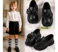 1 Paio di Mocassini Bambina Stile Farfalla Nero Opaco, Suola Morbida in Gomma con Rialzo, Fodera in Morbido PU, Stile Britannico con Tacco Medio Elegante, Adatti per Bambine 3-15 Anni, Casual, Scuola,