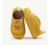 1 Paio di nuove sneaker di tela gialle alla moda ed energiche per ragazze, design con lacci, comode, leggere e casual, scarpe per bambini adatte per attività all'aperto quotidiane, per tutte le stagio